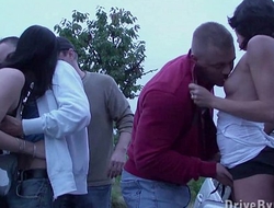 Extreme PUBLIC dogging foursome with a pregnant girl